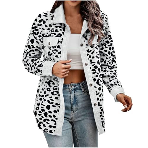 Womens Shacket Jacket Casual Leopard Print Cardigans Coat Corduroy Button Down Long Sleeve Blouses Lightweight