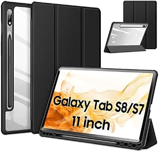 DUZZONA Case for Samsung Galaxy Tab S7/S8 11 Inch 2020/2022, Slim Light Clear Transparent Back Cover with S-Pen Holder, Cover for Samsung Galaxy Tablet S7/S8, Black