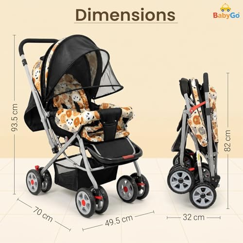 Image of BabyGo Foldable Baby Stroller for Newborn, Infant & Toddler 0-3 Years | Lightweight Travel Pushchair | Safety Harness | Adjustable Recline Backrest | 360 Swivel Wheels | Large Storage Basket | Orange