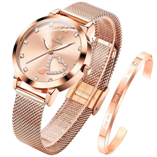 OLEVS Womens Watch Gift Set avec Bracelet Rose Gold Ladies Minimaliste Minimaliste Slim Robe DéContractéE Analogique Montre à Quartz ImperméAble