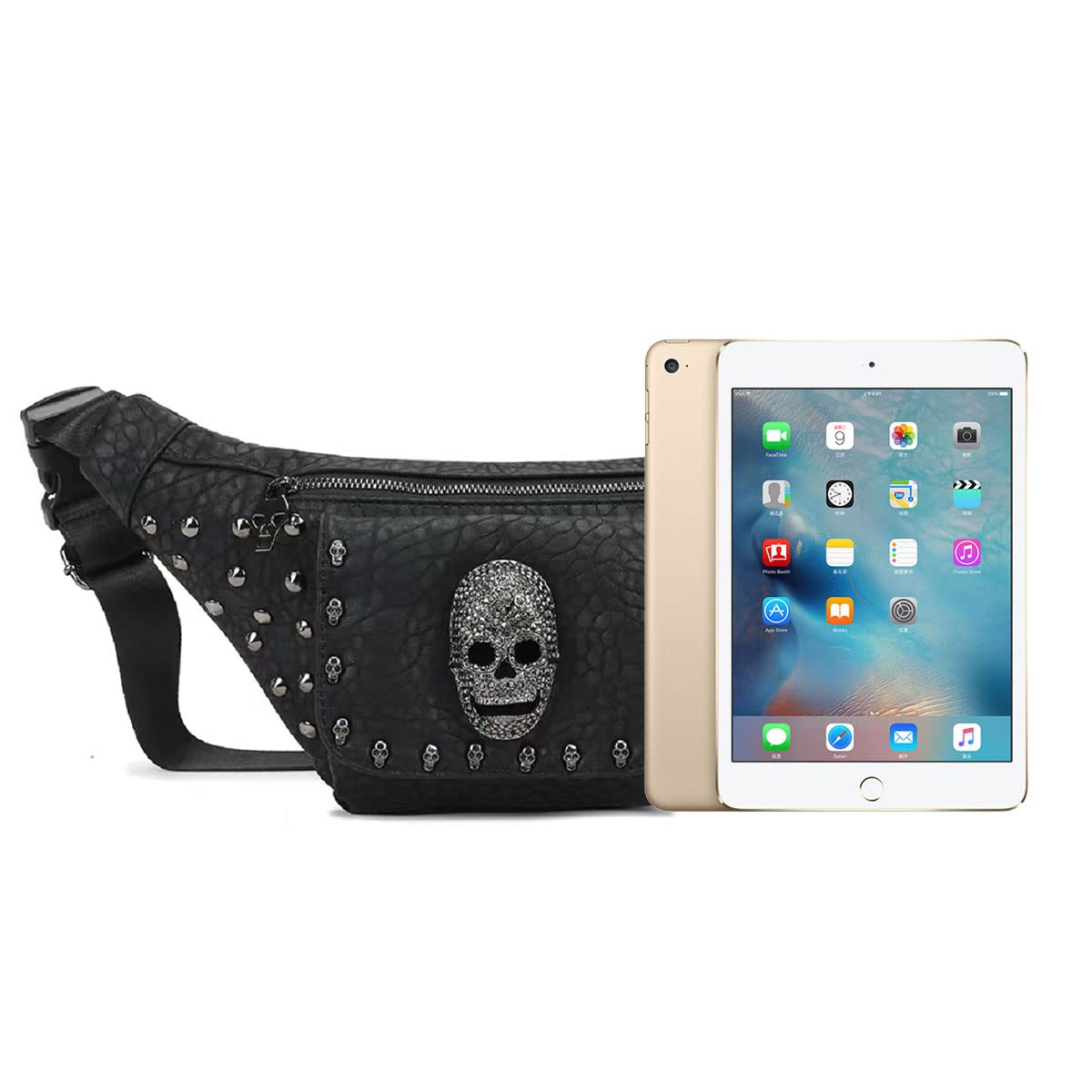 XingChen Marsupio con teschio alla moda in pelle PU Marsupio da donna e uomo marsupio nero con cintura regolabile per rave, festival, viaggi, feste, nero, Taglia unica