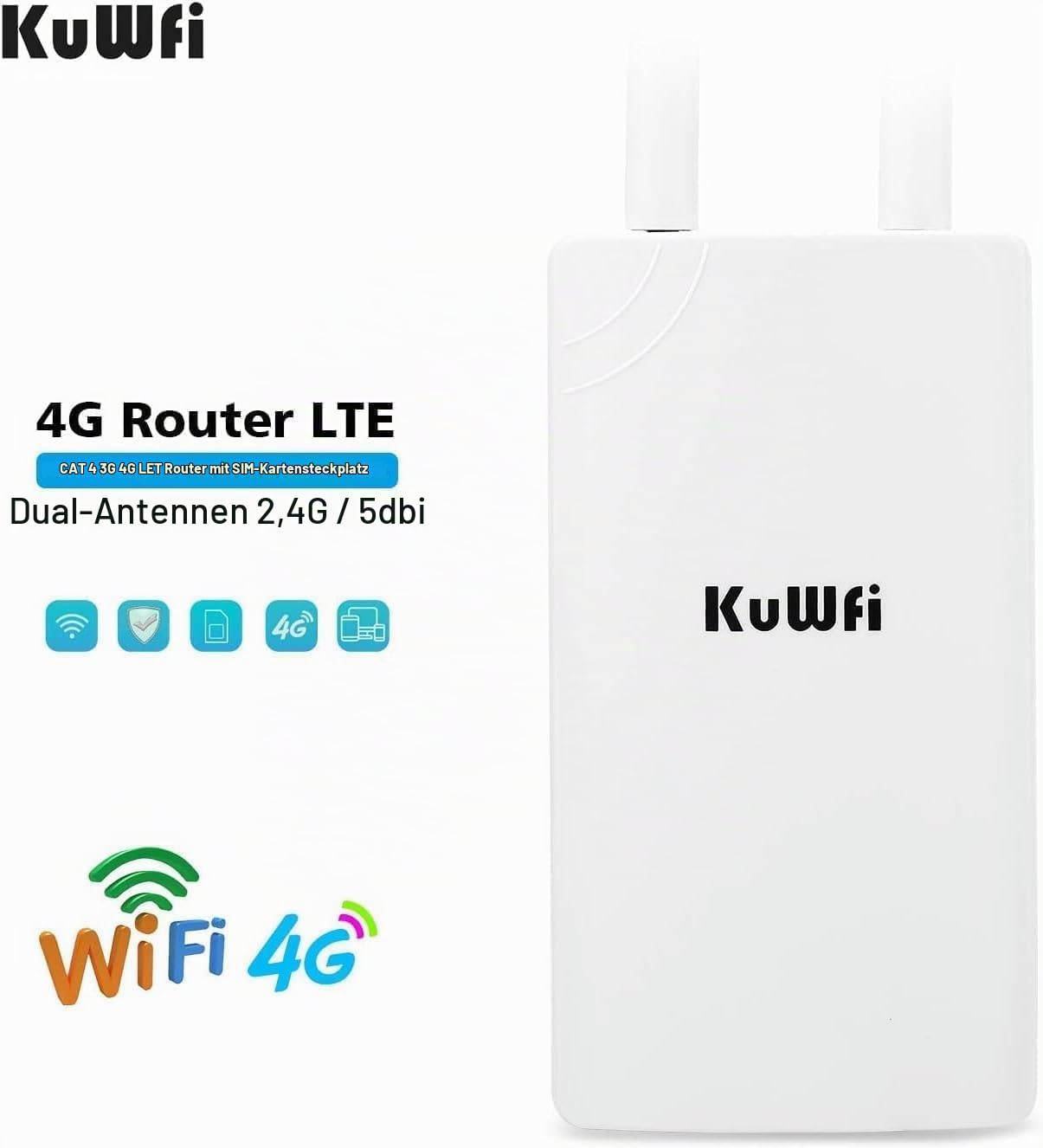 Outdoor 4G LTE Router, Mobiler WLAN Router für SIM Karten, 4G Cat 4 bis zu 150 Mbit/s, WLAN 2.4GHz 300 Mbit/s, 2 X Abnehmbare Externe Antenne, 1x 100 Mbps Ports, IP65, 12v DC, Plug & Play, 10 Geräte