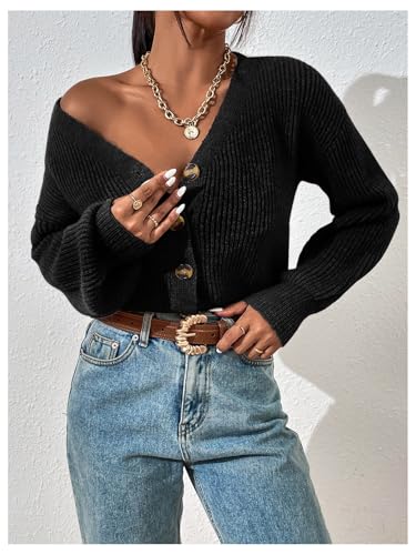 GORGLITTER Women's Button Up Cropped Cardigans V Neck Long Sleeve Rib Knit Trendy Fall Sweaters 20252