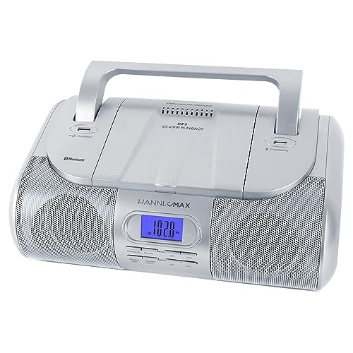 HANNLOMAX HX-318CD Boombox portátil CD/MP3/USB, radio FM PLL, Bluetooth, 1 puerto USB para reproducción de MP3, 1 puerto USB para carga de 1 A, conector auxiliar, conector para auriculares, fuente de