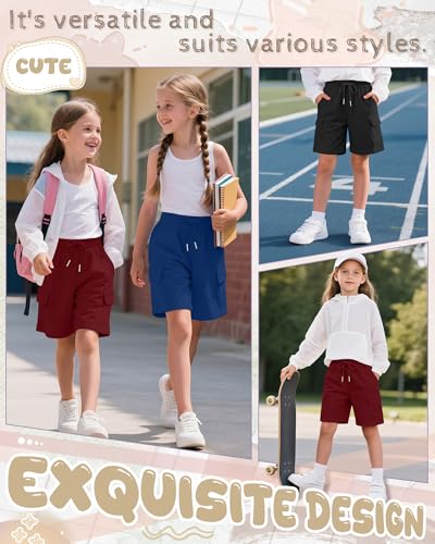 Image of 3 Pack Girls' Cargo Bermuda Shorts | Cargo Shorts, Knee Length, SweatShorts, Long Shorts, with 4 Pockets, Summer, Back to School, Clothes, 5-14 Years