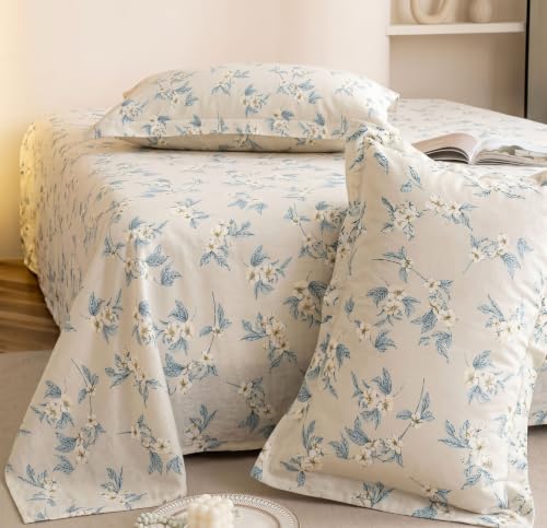 Image of SANMARINO 210TC Cotton King Size Bedsheet with 2 Pillow Covers | Premium Floral Print Design Flatsheet |Ultra Soft Breathable Skin Friendly Bedding Set for All Season Use 90 x 100 Inch,Sky Blue