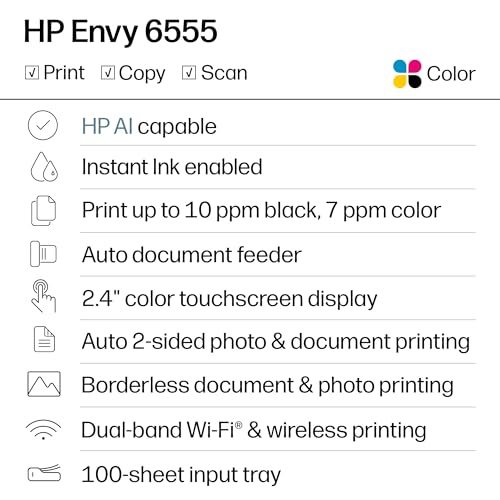 Image of HP Envy 6555 Wireless All-in-One Color Inkjet Printer, Print, Scan, Copy, Duplex Printing Best-for-Home, 3 Month Trial of Instant Ink Included, AI-Capable (C2XR6A) Portobello