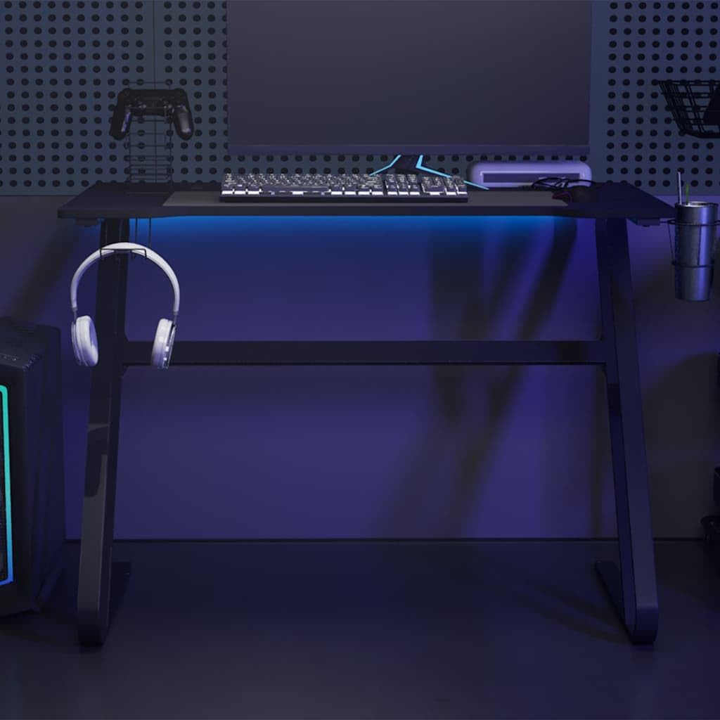 Escritorio para juegos con estructura ZZ negro 110 x 60 x 75 cm, escritorio ergonómico para ordenador con bandeja para auriculares y portavasos, escritorio estable para monitores y accesorios,