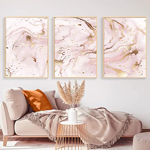 Pink Marble Abstract Wall Art Pink and Gold Artwork Blush Pink Gold Marble Wall Art White Pink Gold Painting Gold Foil Canvas Art Print Modern Nordic Wall Pictures for Living Room Decor 16x24inchx3pcs