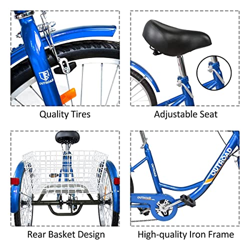 Outroad Adult Tricycle, 26 Inch 7 Speed Cruiser Trike, 3 Wheel Bikes With Large Basket For Seniors, Women, Men, Adult Trikes For Shopping Picnic Outdoor Sports, Blue #TOP1