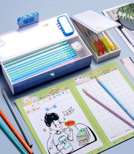 Image of WORSHIPER New Cartoon Theme Pencil Box with Push Pull Eraser Set for Kids | Suitcase Style Password Lock Stationery Organizer | School Supplies Gift Combo for Boys & Girls (Cute Multi + Eraser)