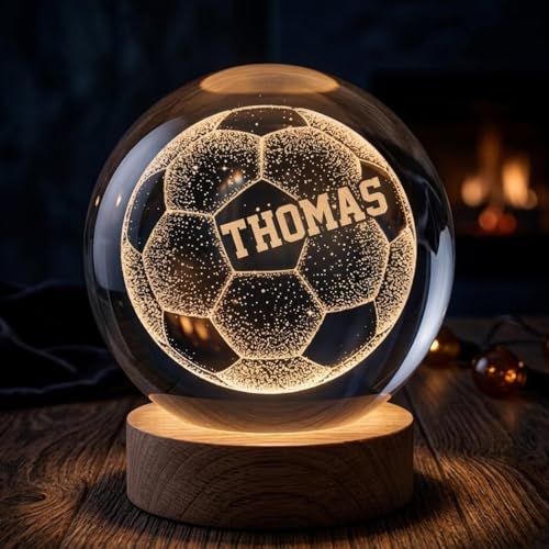 Image of Personalized Soccer Crystal Ball Night Light, Custom Soccer Dad LED Lamp with Name, Engraved Ball Gift, Kids Teens Room Decor