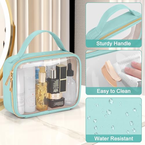 Image of Wedama TSA Approved Toiletry Bag, 3 Pack Clear Makeup Bags with Handles, Quart Size PVC Clear Cosmetic Bags for Women and Men, Carry on Airport Airline Compliant Bag, Cyan Green