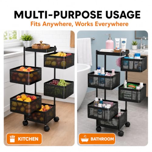 Image of Homeor 5 Layer Kitchen Trolley with Wheels | 360 Rotating Metal Storage Rack for Vegetables, Fruits, Onion & Spices | Square Multipurpose Kitchen Organizer Stand | Metal Kitchen Trolley, Matte Black