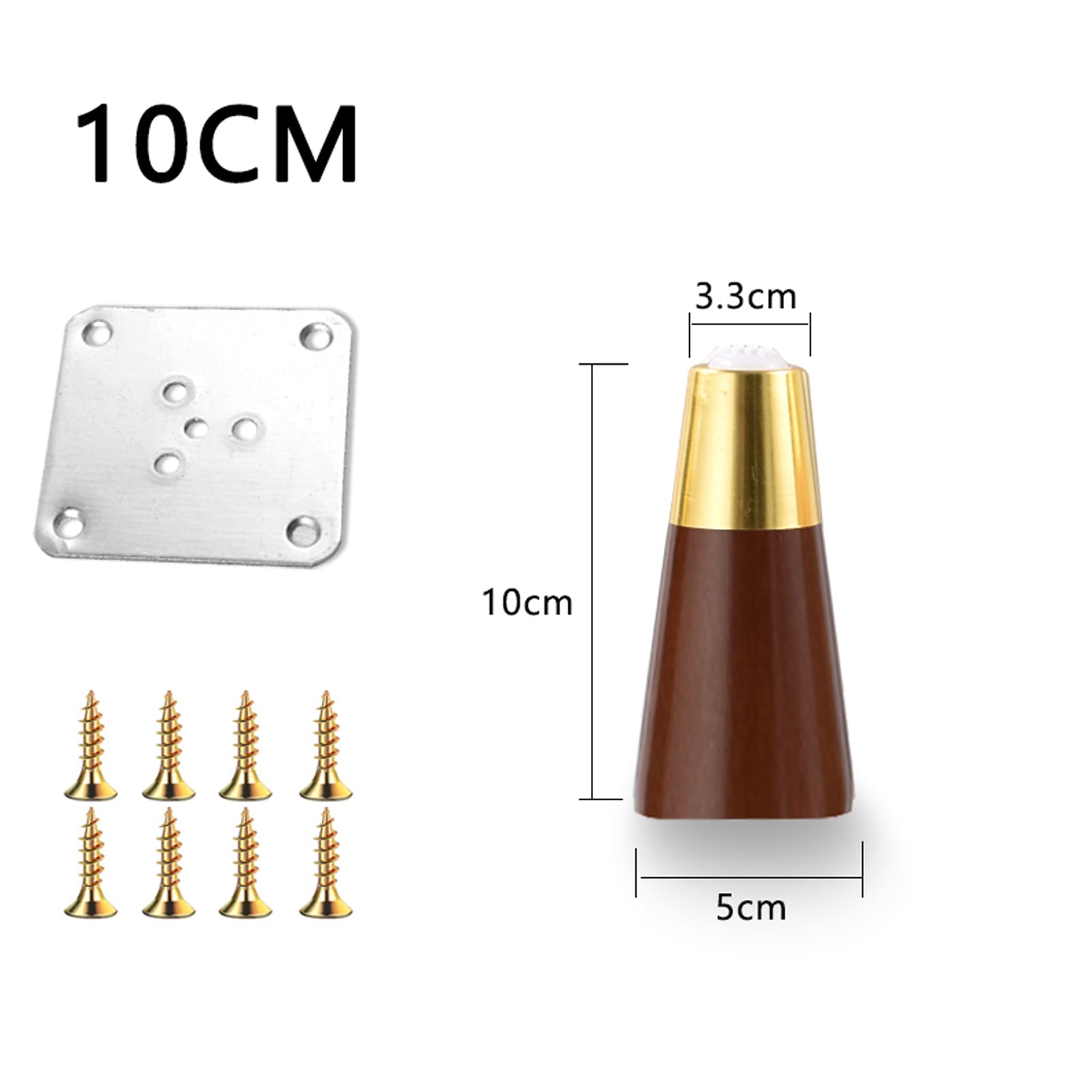 Drewniane nogi meblowe, zwężane metalowe nogi do sofy, łóżka, szafki, krzesła z mosiężnymi nakładkami, płytami montażowymi i śrubami, 10 cm, orzech włoski, 4 szt