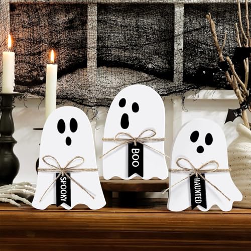 Cute Ghost Halloween Wooden Signs Table Decor White Ghost Halloween Table Signs with Jute Rope Bows and Black Wooden Lettered Tags Holiday Tiered Tray Centerpiece Indoor Home Decorations Set of 3