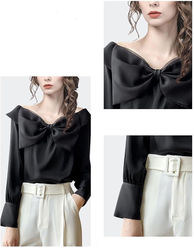 トップス S satin bow tie blouse Cute Black Satin Top with Bow - Women's Slash Neck Japanese Style