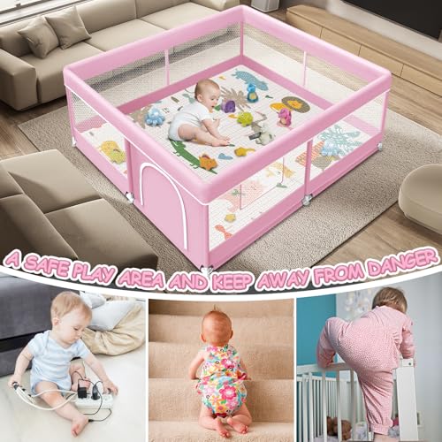 Image of XVISHX Baby Playpen with Mat, 50 x 50 Inch Playpen for Babies and Toddlers, Baby Playard for Indoor & Outdoor Active Center Game Fence, with Skin-Friendly Fabric and Soft Breathable Mesh, Pink