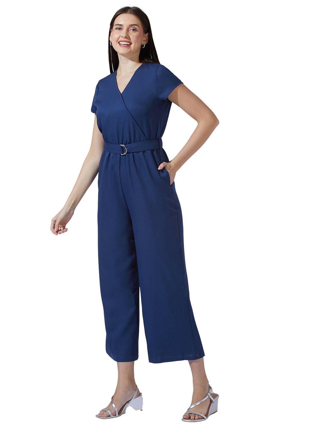 Women Wrap V-Neck Short Sleeves Belted Long Jumpsuit-image-24