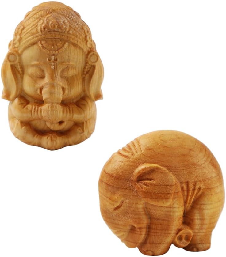 2Pcs Hand Carved Elephant Ornament Miniature Elephant Figurine Wood Craft Desktop Decor Accessory