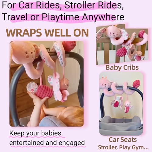 Image of Baby Spiral Car Seat Toys for Babies 0-6 Months Girl, Stroller Hanging Stuffed Animal Carseat Crinkle Rabbit Toy 0-3-4-5-6-7-8-9-12 Month, Newborn Infant Toddler Birthday Gifts Set Bunny 3PCS