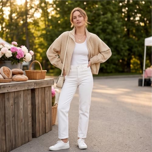 Plaid Bomber Jacket Women Oversized Cropped Funnel Neck Gingham Jacket - image 5