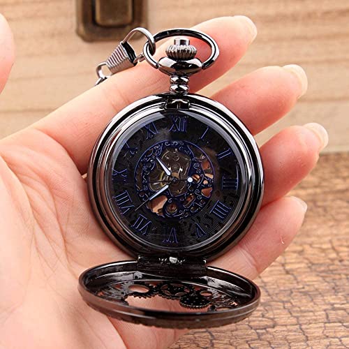 Mechanical Pocket Watch With Chain Steampunk Retro Half Hunter Copper Gear Skeleton Hand Wind Mechanical Roman/Arabic Numeral Analog Display Pocket Watch With (Color : Black) #TOP6