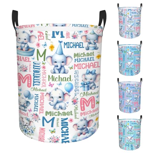 Image of Custom Elephant Laundry Hamper, Personalized Laundry Basket with Name, Customized Dirty Clothes Basket for Clothes Toy Bathroom Bedroom Storage,S-16.5 inchX 13.8 inch