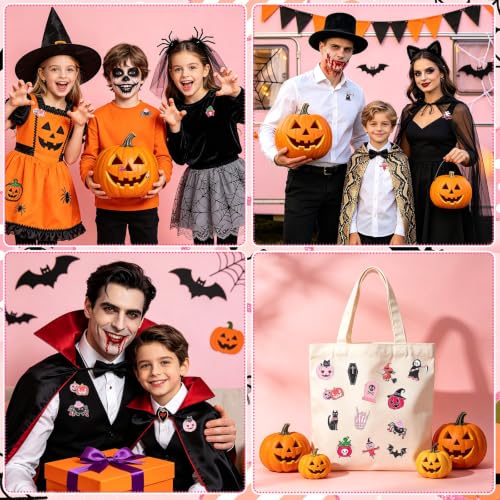 Image of SANNIX 60Pcs Pink Halloween Enamel Pins, Ghost Pumpkin Bat Skull Brooch Pins Bulk Pastel Black Pink Halloween Accessories Set for Backpacks Jackets Spooky Girls Party Favors