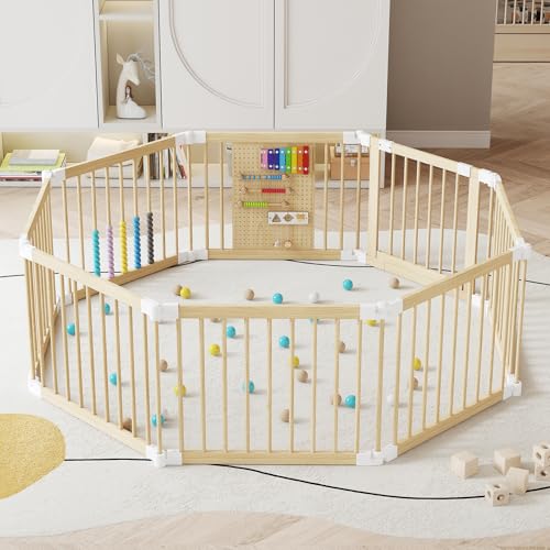 Image of EXPERLAM Baby Playpen - Wooden Playpen for Babies and Toddlers, Foldable Play Pen with Locking Gate, Portable Baby Fence with Adjustable Shape and Size, Extra Large Toddler Play Yard (58X58x23.5Inch)