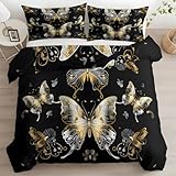 Generisch Bettwäsche 220x240 Schmetterlingsmuster Wende Motiv 3tlg, Schlafzimmer Deko, Schwarz und Gold Bettbezug und 2 Kissenbezug 80x80, Weiche Mikrofaser Deckenbezug mit Reißverschluss GH978