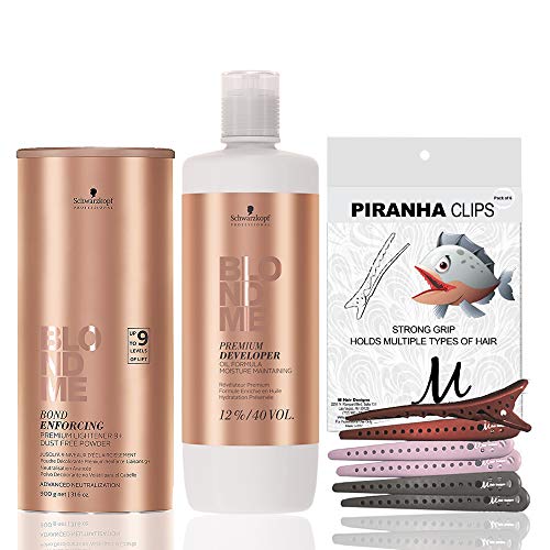 Schwarzkopf BlondMe Bleach Premium Lightener 9+ Dust Free Powder XXL 900 grams, Schwarzkopf BlondMe Premium Developer 12% / 40 Volume 1 Liter, M Hair Designs Piranha Clips (Bundle - 3 items)