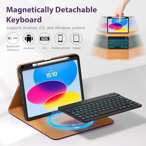 Image of DTTO for iPad 11th (A16) / 10th Generation Case with Keyboard (2025 /2022), 7 Colors Backlit Wireless Detachable Keyboard Leather Folio Cover with Pencil Holder & Pocket, Deep Purple