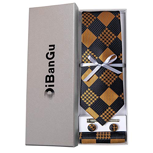 Image of DiBanGu Plaid Ties for Men Silk Checkered Necktie and Pocket Square Cufflinks Tie Clip Set with Gift Box for Wedding Business