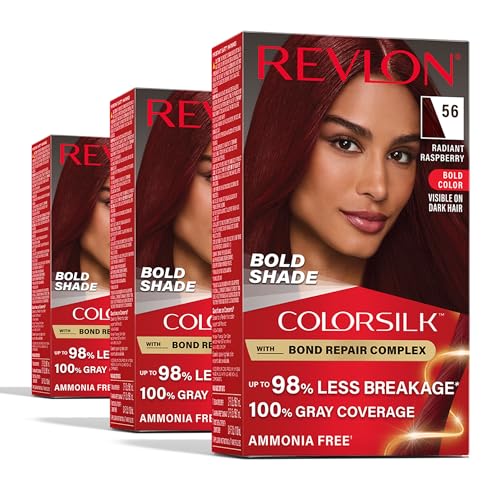 Revlon ColorSilk with Bond Repair Complex, Permanent Hair Color, 100% Gray Coverage, Ammonia Free Dye, Vegan Keratin, 56 Radiant Raspberry, 3 pack