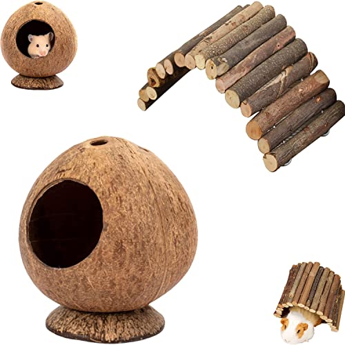 YANJIY 2 Piezas Nido De Hámster De Coco, Nido De Pájaros De Coco, Juguetes para Animales Pequeños, Escalera De Madera Hamster, para Descanso y Recreo De Mascotas