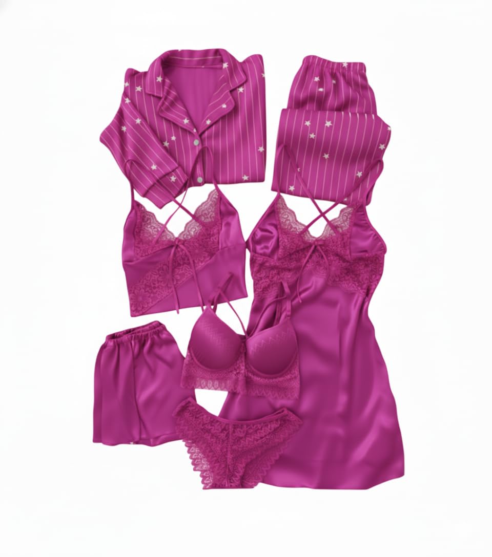 Valentine's Day Fancy Pink Night Suit Bath Robe Dress Bra Panty Set Combo for Women's Pack of 7 Pcs Nightwear Lingerie Silk Wedding Set Gifts Lace Nightsuit Set (Free Size)-image-46