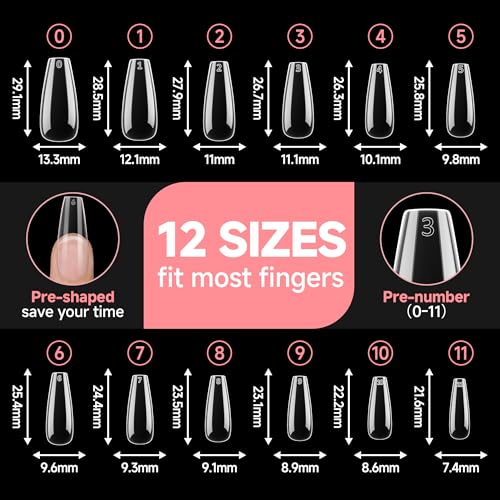 Image of UNA GELLA Long Coffin Nails Tips, 504PCS Soft Gel Nail Tips Coffin 12 Sizes Clear Full Cover Press on Nails False Nails for Acrylic Nails Professional Nail Extensions Art DIY Salon Soak Off Easy