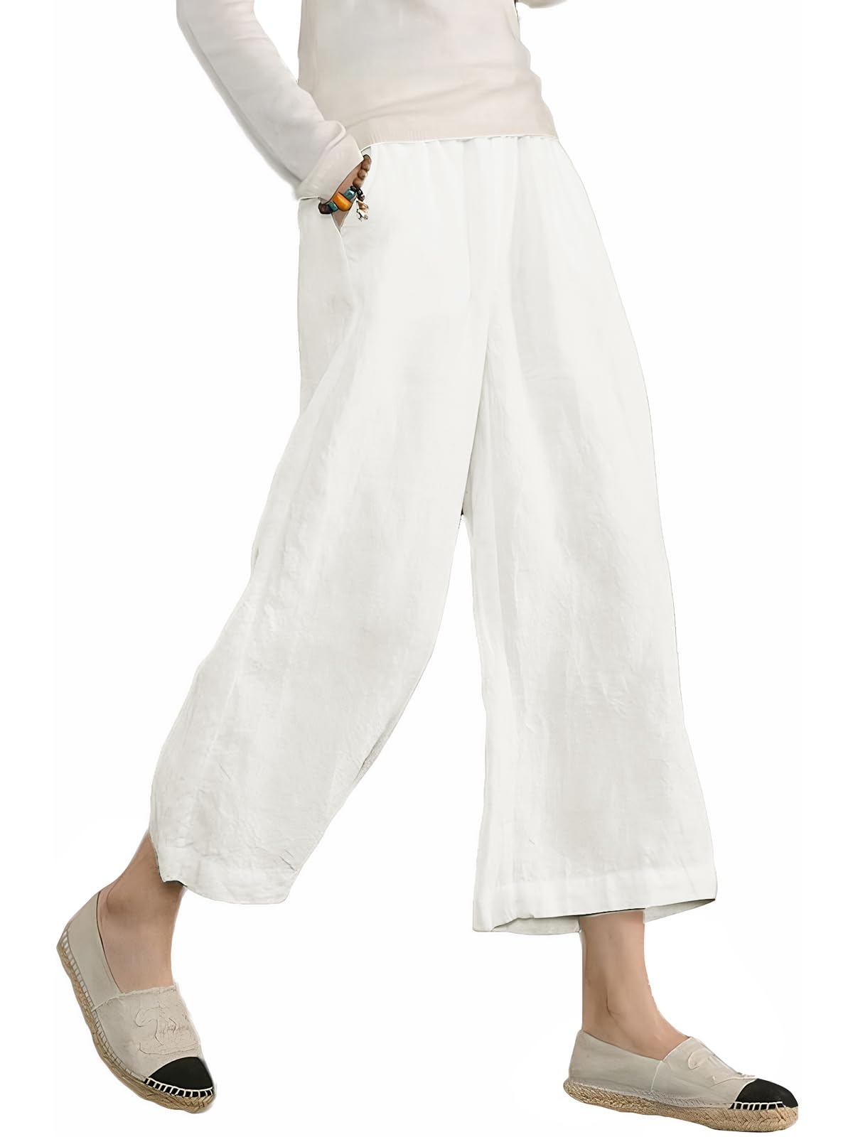 Womens Cotton Cropped Pants Loose Fit Wide Leg Capri Casual Plus Size Elastic Waist Trousers