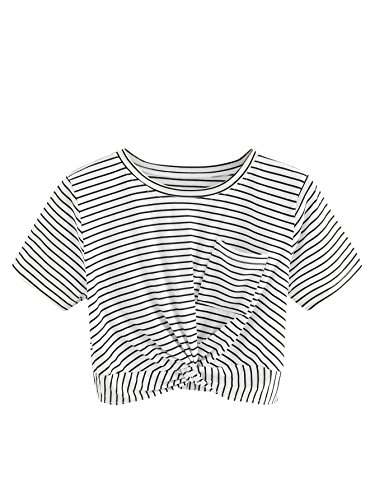 MakeMeChic Causal Women s Twist Knot Front Pocket Short Sleeve Crop Top Tee Shirt White XS