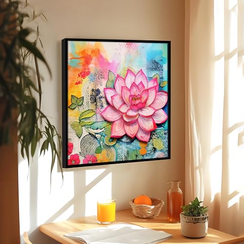 Image of PAINTINGMANTRA Multicolor Abstract Stretched Canvas Framed Painting Wall Art for Living Room Bedroom Office Cafe Pink Blue Green Lotus Abstract Framed Canvas Wall Decor Painting with Frame (58x58 cm)