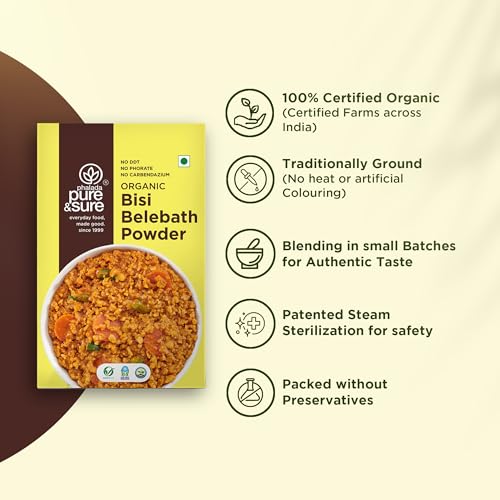 Image of Pure & Sure Organic Bisi Belebath Powder 300G | 100% Authentic South Indian Aromatic Rasam Flavor | Ready to Use, Instant Mix | Chemical Free & Pesticides Free (100g x Pack of 3)