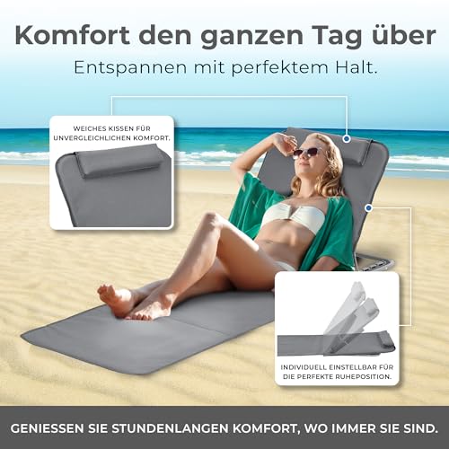 [en.casa] Strandmatte Donostia 2er Set Sonnenmatte klappbar Dunkelgrau Strandliege mit Verstellbarer Rückenlehne Liegematte mit Tragetasche 143 x 48 cm