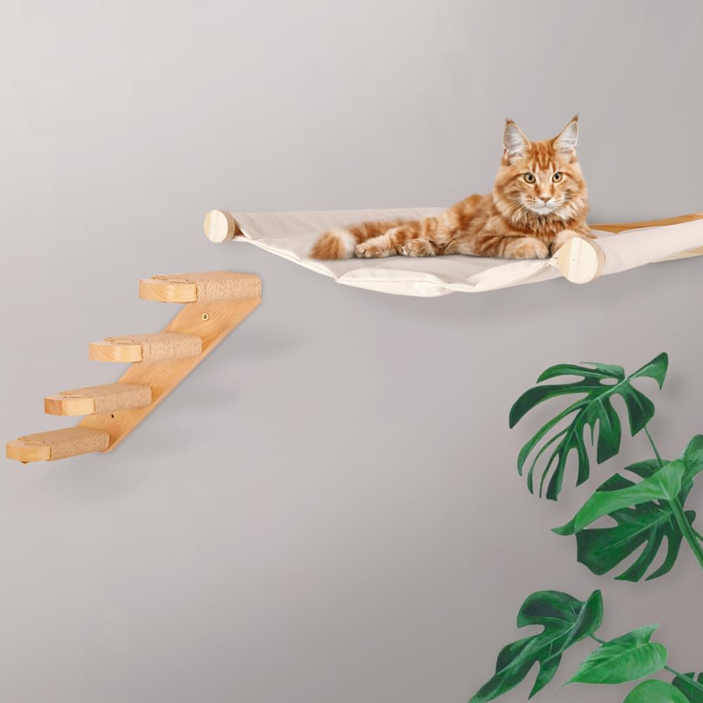 Modern Cat Wall Hammock with Steps, Mounted Cat Shelf for Perching and Sleeping - Cat Tree Wall Mount, Cat Climbing Shelf, Cat Wall System for Large Cats or Kitties
