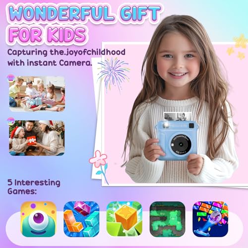 كاميرا للاطفال بطباعة فورية، كاميرا محمولة مع بطاقة 32G وفيديو 1080p، ورق طباعة، كاميرا طباعة فورية مع اقلام ملونة للاعمال اليدوية، اكثر من 3 سنوات، هدايا عيد ميلاد للاولاد والبنات (ازرق)