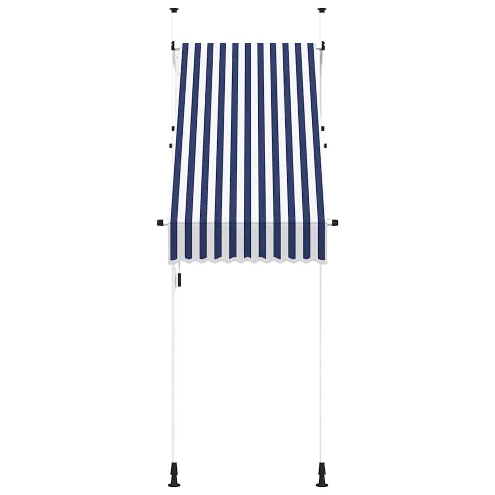 Markiza zwijana, obsługiwana ręcznie, 100 cm, niebiesko-białe paski, markiza na balkon, bez wiercenia, z korbą ręczną, aluminiowa markiza odporna na promieniowanie UV, regulacja wysokości i