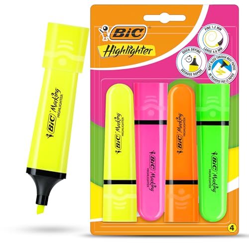 BIC Marking Highlighter Flat Highlighter Marker Pack of 4 Plastic Highlighter Pen with Fluorescent Assorted Neon Ink Highlighter Pens for Smooth Notes Precise Highlights Ideal for School and Office