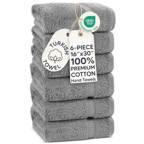 Chakir Turkish Linens 6 Piece Hand Towels, 100% Cotton Luxury Turkish Towels for Bathroom, Soft Absorbent Hand Towel Set, 16 x 30 Inches, Gray