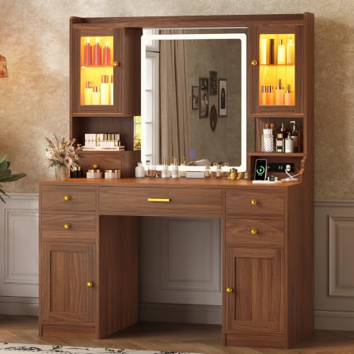 Image of Vanity Desk with LED Mirror and Lights, Makeup Vanity with RGB Cabinets | Vanity Table with Charging Station and 6 Storage Drawers, Adjustable 3 Mode Mirror Lights, Bedroom Dressing Table for Women