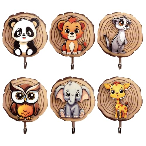 Binnan 6 Piezas Percheros Infantiles, Ganchos para Ropa para Niños en Forma de Animal, Ganchos de Madera Autoadhesivos, Percheros con Forma de Animal para Baño, Habitación Infantil, Cocina